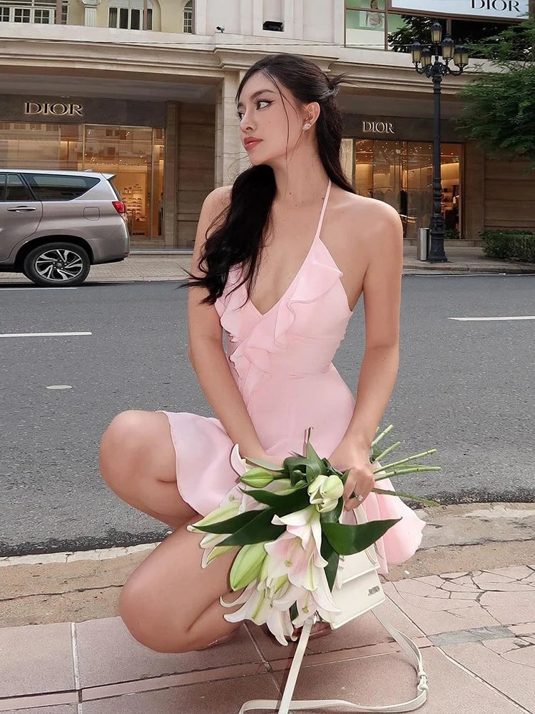 Nibbler Halter Ruffles V-Neck Dress