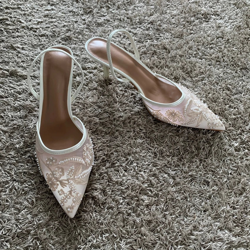 Mesh Embroidered Thin High Heels