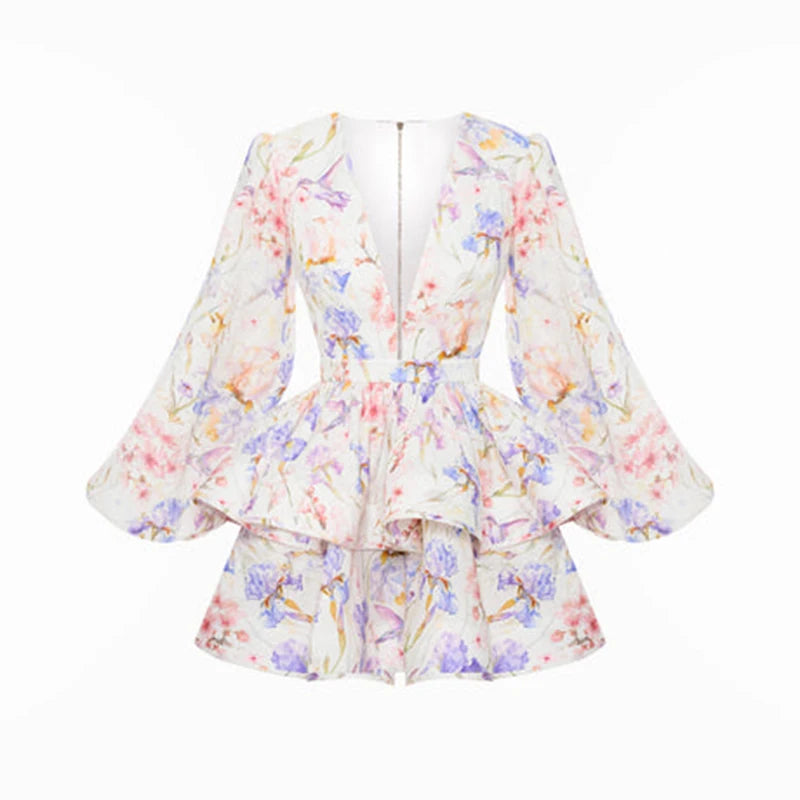 Printed Ruffled Hem Deep V-neck Puffy Dress