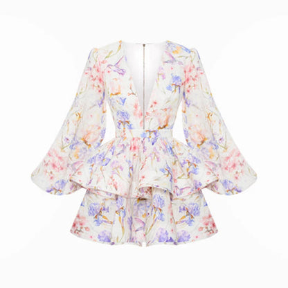 Printed Ruffled Hem Deep V-neck Puffy Dress