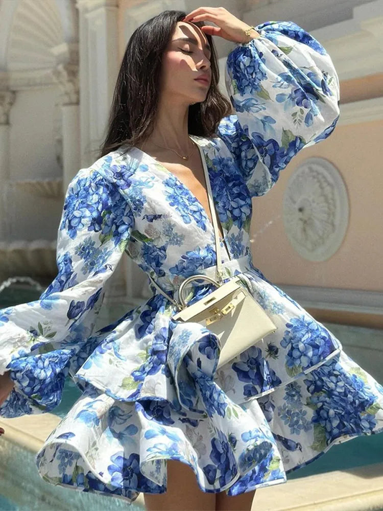 Printed Ruffled Hem Deep V-neck Puffy Dress