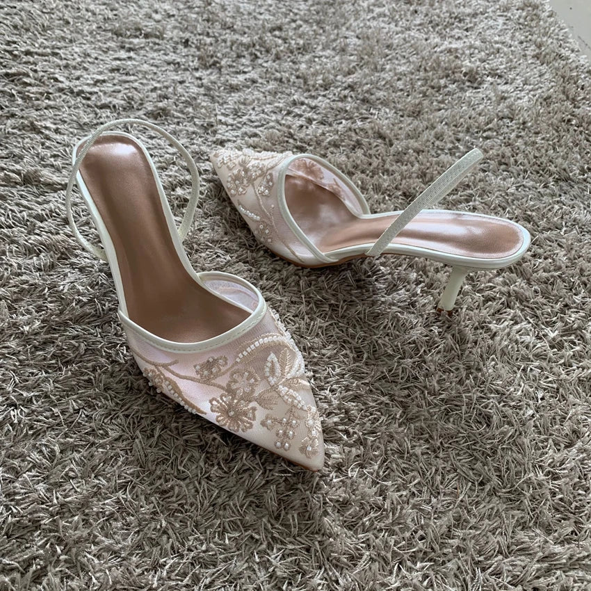 Mesh Embroidered Thin High Heels