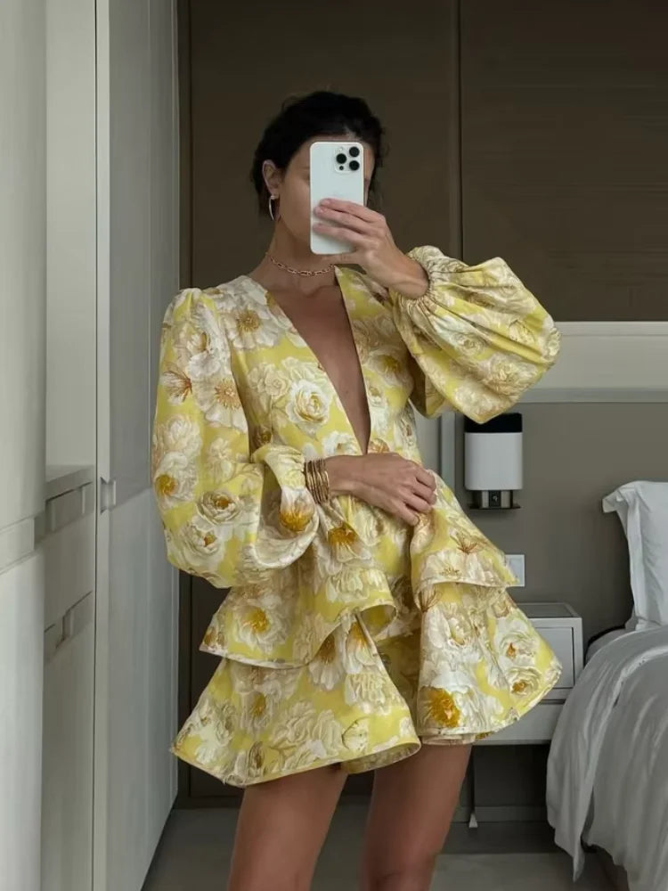 Printed Ruffled Hem Deep V-neck Puffy Dress