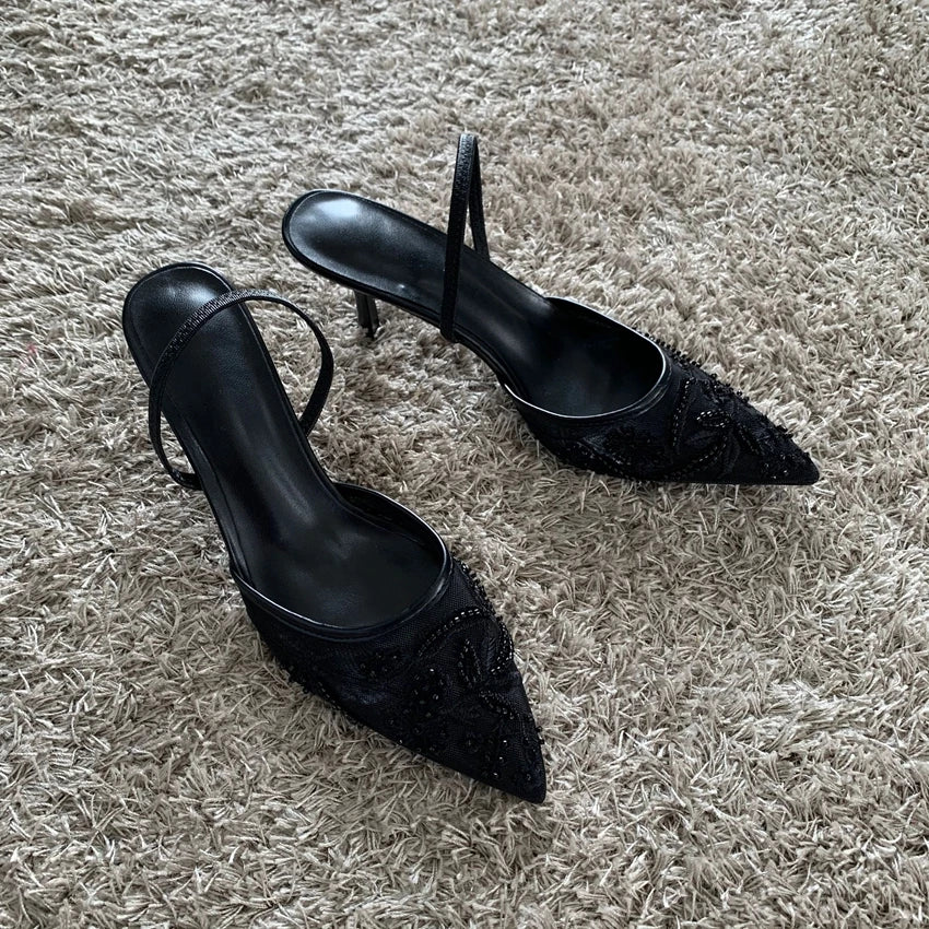 Mesh Embroidered Thin High Heels