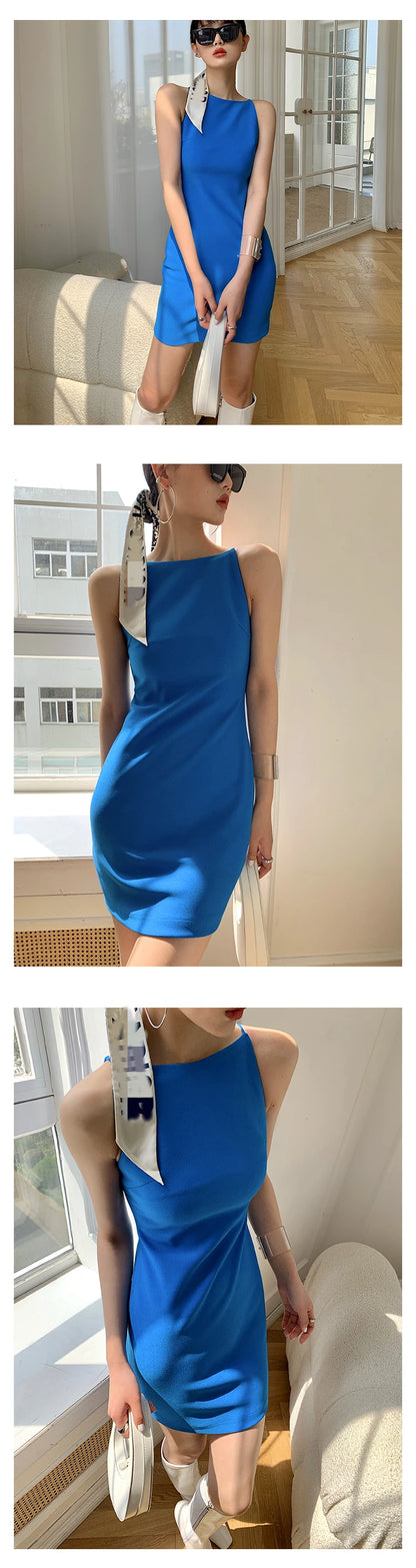 Jielur Summer Women New Spaghetti Strap Elegant Party Mini Dress